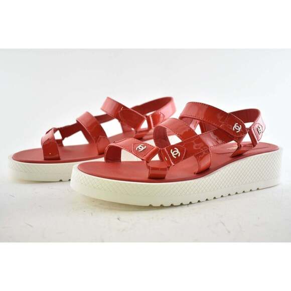 Chanel 20C Red Patent White CC Logo Mule Slide Strap Flat Dad Daddy Sandal 40 - Picture 6 of 8